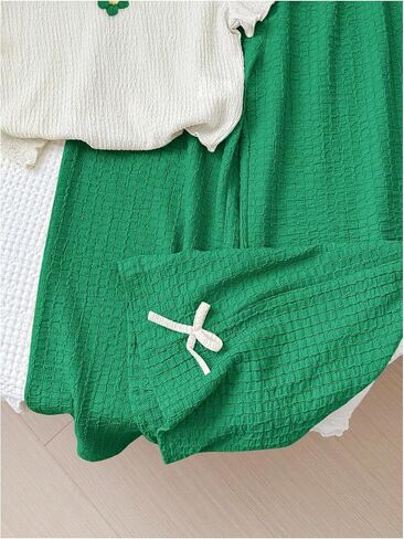 OYOANGLE Girl's Two Piece Outfits Textured Short Sleeve Top and Bow Wide Leg Pants Set in Saudi Arabia