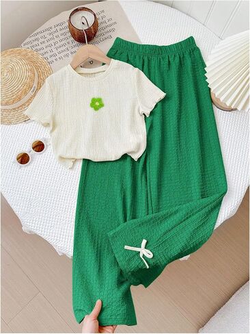 OYOANGLE Girl's Two Piece Outfits Textured Short Sleeve Top and Bow Wide Leg Pants Set in Saudi Arabia