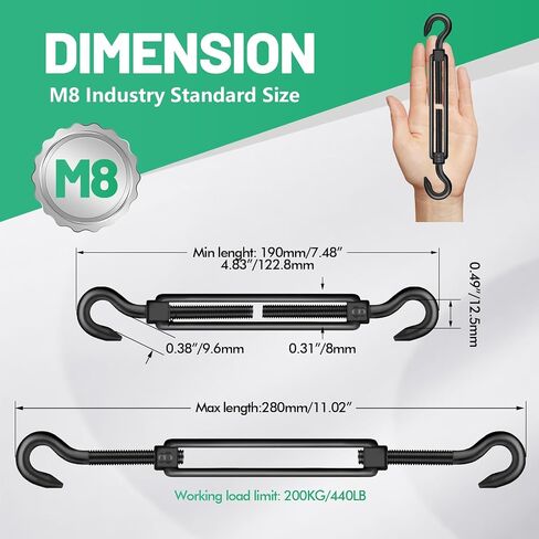 2pcs M8 Hook & Hook Turnbuckle 304 من الفولاذ المقاوم للصدأ ، أسود ثقيل للوزن الشاق لتوتر حبل الأسلاك ، أجهزة خيمة الظلال الشمسية in Kuwait