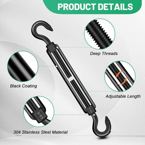 2pcs M8 Hook & Hook Turnbuckle 304 من الفولاذ المقاوم للصدأ ، أسود ثقيل للوزن الشاق لتوتر حبل الأسلاك ، أجهزة خيمة الظلال الشمسية in Kuwait