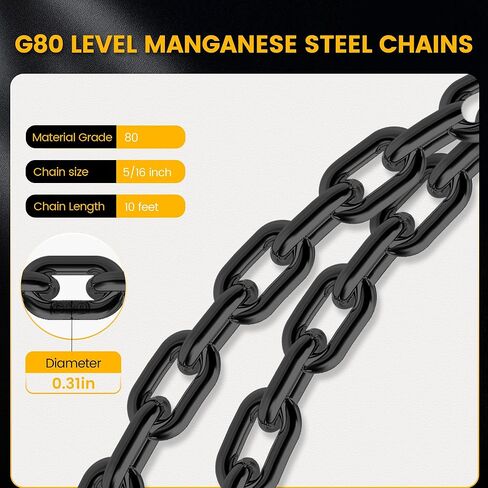 الصف 80 سلاسل الرفع 5/16 "× 10 أقدام - 7000 رطل من حبال سلسلة الساقين المزدوجة ، رابط تحميل خطاف قابل للتعديل لرفع المحرك ، سحب الشاحنات وتزوير المستودعات in Kuwait