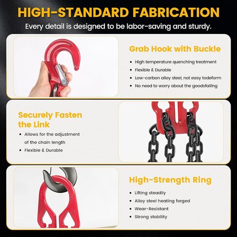 الصف 80 سلاسل الرفع 5/16 "× 10 أقدام - 7000 رطل من حبال سلسلة الساقين المزدوجة ، رابط تحميل خطاف قابل للتعديل لرفع المحرك ، سحب الشاحنات وتزوير المستودعات in Kuwait