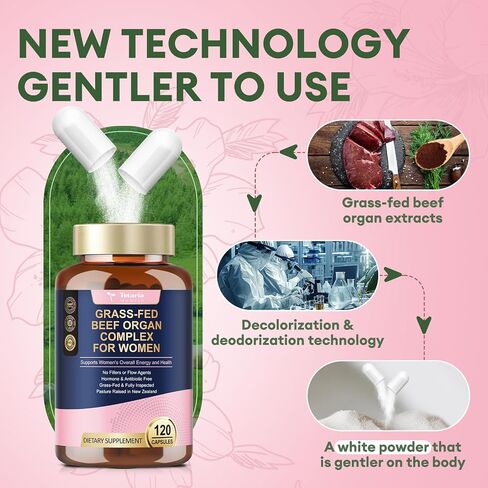 مكملات لحوم البقر للنساء - كبد اللحم البقري ، الكلى ، القلب ، أنسجة الرحم - توازن الهرمونات والطاقة الإجمالية للمرأة - تغذية العشب ، مراعي - مكملات الحديد الطبيعي مع حمض الفوليك - 120 كبسولة in Saudi Arabia