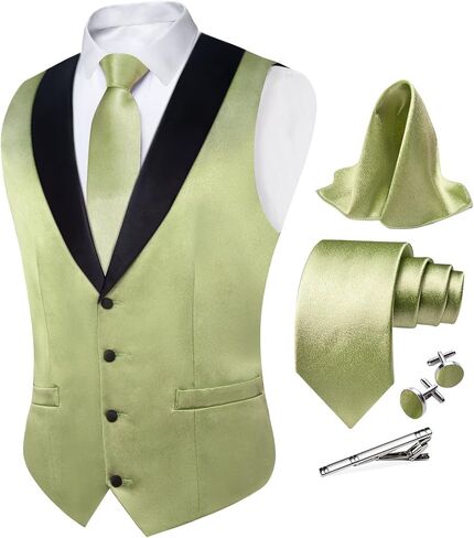 DiBanGu Mens Vest Formal Solid Color Waistcoat and Tie Pocket Square Set Satin Shawl Lapel Dress Vest Wedding Business in Saudi Arabia