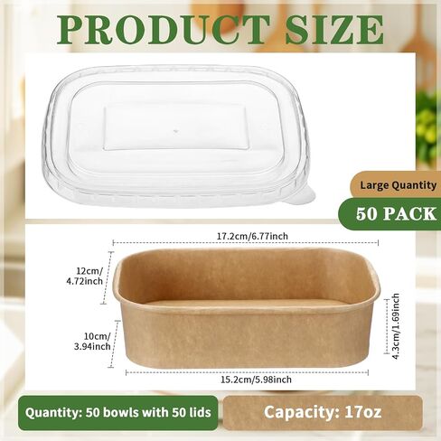 Maxdot 50 Pack يمكن التخلص من الأوعية الورقية Kraft مع أغطية PP مستطيل حاويات طعام الورق لتناول الغداء الإعدادية ، السلطة ، الآيس كريم ، الزبادي ، لوازم الحفلات الحساء (17 أوقية) in Kuwait
