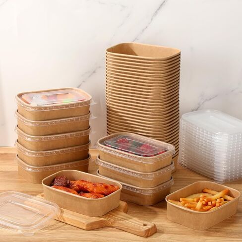 Maxdot 50 Pack يمكن التخلص من الأوعية الورقية Kraft مع أغطية PP مستطيل حاويات طعام الورق لتناول الغداء الإعدادية ، السلطة ، الآيس كريم ، الزبادي ، لوازم الحفلات الحساء (17 أوقية) in Kuwait