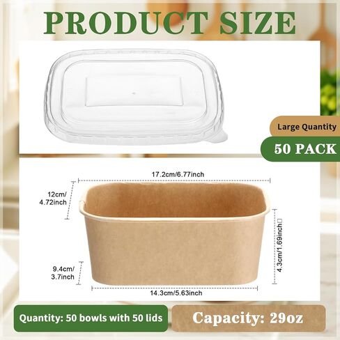 Maxdot 50 Pack يمكن التخلص من الأوعية الورقية Kraft مع أغطية PP مستطيل حاويات طعام الورق لتناول الغداء الإعدادية ، السلطة ، الآيس كريم ، الزبادي ، لوازم الحفلات الحساء (17 أوقية) in Kuwait