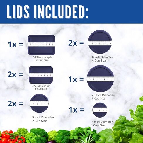 Replacement Lids for Pyrex Glass Food Storage Containers Rectangular (1) 1-Cup (2) 2-Cup (2) 4-Cup (1) 7-Cup (2) 3-Cup (1) 6-Cup Round Rectangle (Blue) in Kuwait