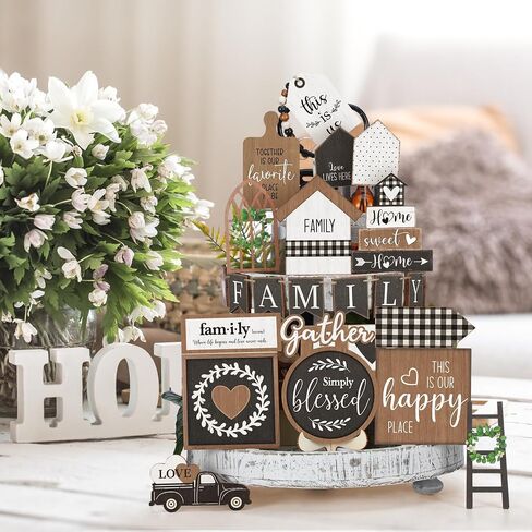 Yaomiao 21 Pcs Farmhouse Tiered Tray Decor Set Rustic Farmhouse Wood Sign Decor Items Vintage Rustic Family Gather Blessed Tiered Tray This is Our Happy Place Sign for Home Kitchen Table Shelf in Kuwait