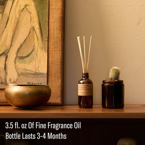P.F. Candle Co. Amber & Moss Classic Scented Rattan Reed Diffuser (3.5 fl oz) Amber Glass Jar, Fine Fragrance Oil, Flame-Free Fragrance, Made in The U.S.A. in Saudi Arabia