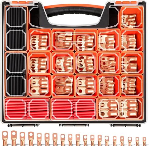 كبل Kuject 220pcs نهايات البطارية AWG 1 2 4 6 8 1/0 2/0 Gauge ، 110pcs مجموعة الأسلاك النحاسية الشاقية ، موصلات طرفية كابل البطارية مع 110pcs 3: 1 أنابيب تقليص الحرارة in Kuwait