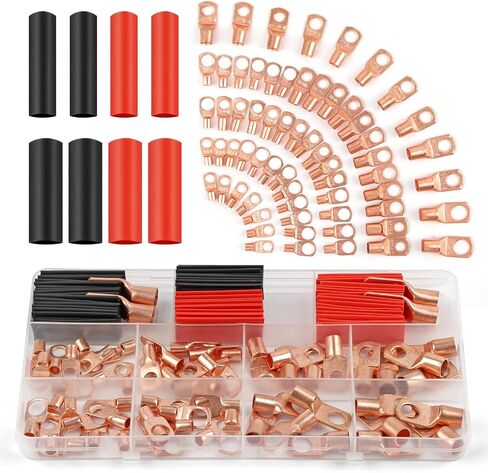 PEASUG Copper Wire Lugs 130Pcs, AWG 2 4 6 8 10 12 Gauge Battery Cable Ends with 66Pcs Heat Shrink Tubing Set, 64Pcs Ring Terminals Connectors Assortment Kit for Marine, Automotive, Cables, Appliances in Saudi Arabia