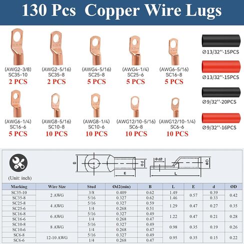 PEASUG Copper Wire Lugs 130Pcs, AWG 2 4 6 8 10 12 Gauge Battery Cable Ends with 66Pcs Heat Shrink Tubing Set, 64Pcs Ring Terminals Connectors Assortment Kit for Marine, Automotive, Cables, Appliances in Saudi Arabia