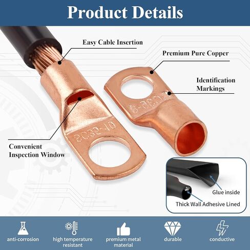PEASUG Copper Wire Lugs 130Pcs, AWG 2 4 6 8 10 12 Gauge Battery Cable Ends with 66Pcs Heat Shrink Tubing Set, 64Pcs Ring Terminals Connectors Assortment Kit for Marine, Automotive, Cables, Appliances in Saudi Arabia