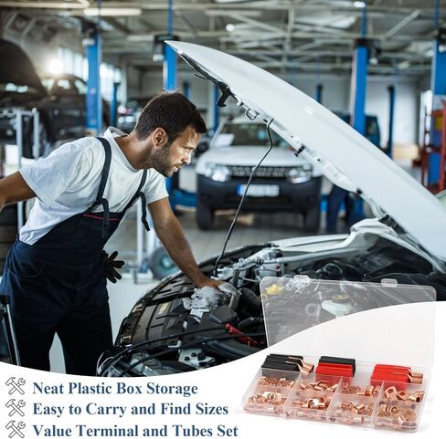 PEASUG Copper Wire Lugs 130Pcs, AWG 2 4 6 8 10 12 Gauge Battery Cable Ends with 66Pcs Heat Shrink Tubing Set, 64Pcs Ring Terminals Connectors Assortment Kit for Marine, Automotive, Cables, Appliances in Saudi Arabia