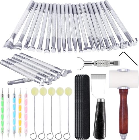 WONVOC 36 PCS Leather Letter Stamping Kit, 6mm Leather Letter Number Stamps, Leather Stamping Tools, with 6 Wool Daubers Ball Brush for DIY Leather Crafts in Kuwait