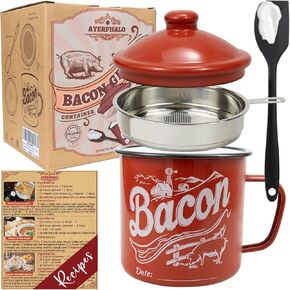 Bacon Grease Container with Strainer - With Food-Grade Silicone Spatula, 24oz Enamel Rustic Farmhouse Fat Container, Keeper, Recipes, Dishwasher Safe in Kuwait