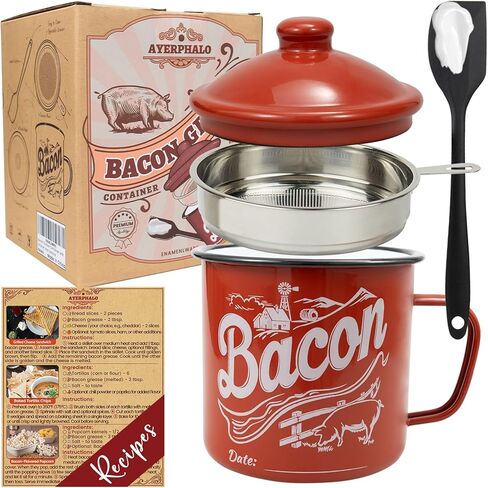 Bacon Grease Container with Strainer - With Food-Grade Silicone Spatula, 24oz Enamel Rustic Farmhouse Fat Container, Keeper, Recipes, Dishwasher Safe in Kuwait