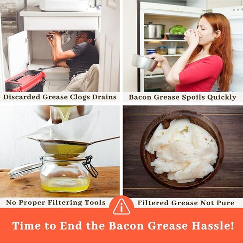 Bacon Grease Container with Strainer - With Food-Grade Silicone Spatula, 24oz Enamel Rustic Farmhouse Fat Container, Keeper, Recipes, Dishwasher Safe in Kuwait