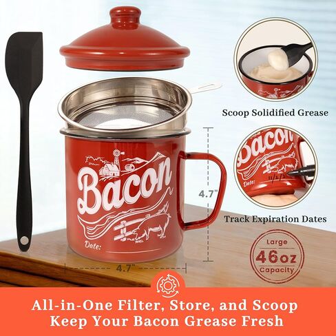 Bacon Grease Container with Strainer - With Food-Grade Silicone Spatula, 24oz Enamel Rustic Farmhouse Fat Container, Keeper, Recipes, Dishwasher Safe in Kuwait