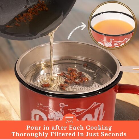 Bacon Grease Container with Strainer - With Food-Grade Silicone Spatula, 24oz Enamel Rustic Farmhouse Fat Container, Keeper, Recipes, Dishwasher Safe in Kuwait