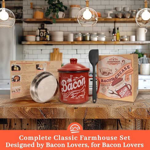 Bacon Grease Container with Strainer - With Food-Grade Silicone Spatula, 24oz Enamel Rustic Farmhouse Fat Container, Keeper, Recipes, Dishwasher Safe in Kuwait