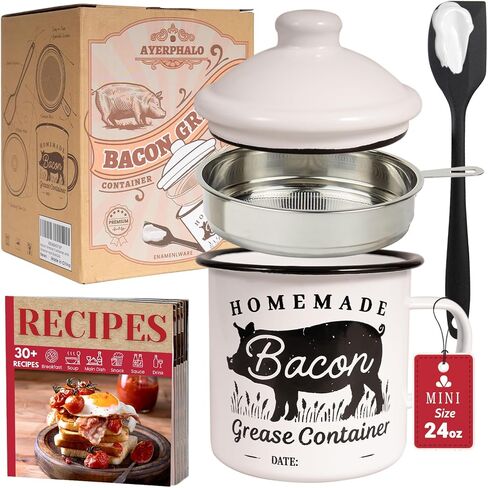 Bacon Grease Container with Strainer - With Food-Grade Silicone Spatula, 24oz Enamel Rustic Farmhouse Fat Container, Keeper, Recipes, Dishwasher Safe in Saudi Arabia