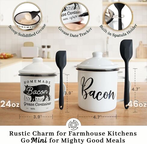 Bacon Grease Container with Strainer - With Food-Grade Silicone Spatula, 24oz Enamel Rustic Farmhouse Fat Container, Keeper, Recipes, Dishwasher Safe in Saudi Arabia