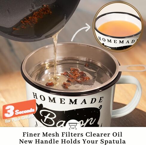 Bacon Grease Container with Strainer - With Food-Grade Silicone Spatula, 24oz Enamel Rustic Farmhouse Fat Container, Keeper, Recipes, Dishwasher Safe in Saudi Arabia