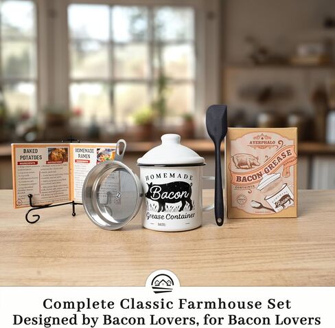 Bacon Grease Container with Strainer - With Food-Grade Silicone Spatula, 24oz Enamel Rustic Farmhouse Fat Container, Keeper, Recipes, Dishwasher Safe in Saudi Arabia