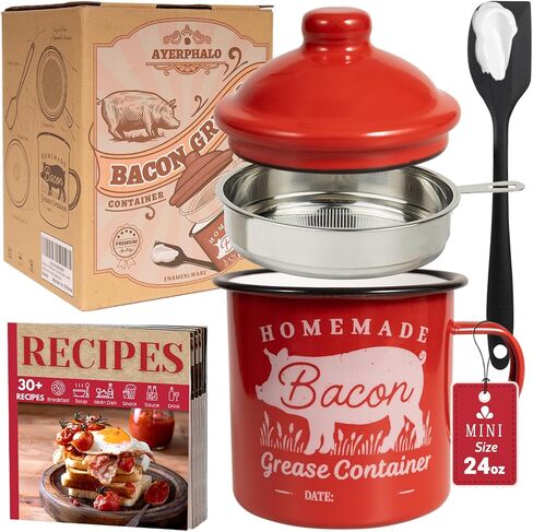 Bacon Grease Container with Strainer - With Food-Grade Silicone Spatula, 24oz Enamel Rustic Farmhouse Fat Container, Keeper, Recipes, Dishwasher Safe in Saudi Arabia