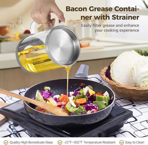 Premium Bacon Grease Saver with Strainer - Large 1.5L Grease Container for Kitchen with Stainless Steel Filter, Used Oil Storage & Bacon Drippings Keeper (50oz, Borosilicate Glass, Non-Slip Base) in Saudi Arabia