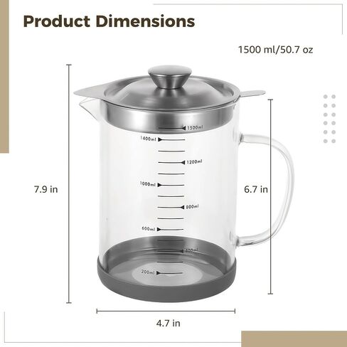 Premium Bacon Grease Saver with Strainer - Large 1.5L Grease Container for Kitchen with Stainless Steel Filter, Used Oil Storage & Bacon Drippings Keeper (50oz, Borosilicate Glass, Non-Slip Base) in Saudi Arabia