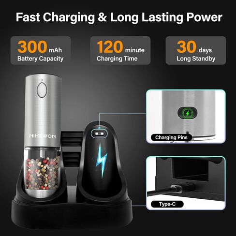 Electric Salt and Pepper Grinder Set,Automatic Salt and Pepper Shakers set Rechargeable Stainless Steel Spice Grinder for Kitchen in Saudi Arabia