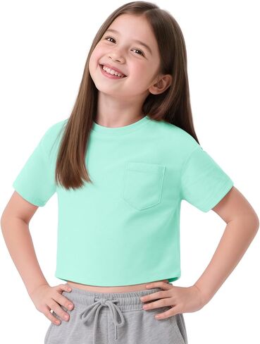 KEREDA Girls Short Sleeve Shirts Crop Tops Crewneck Summer Basic Tees for Kids with Pocket in Kuwait