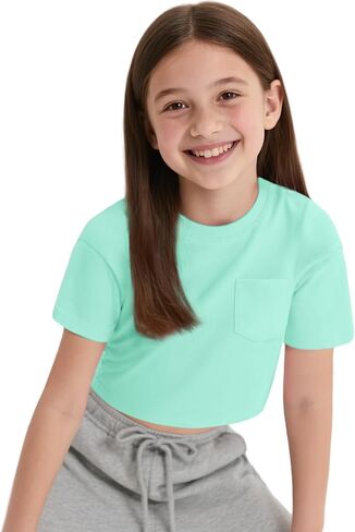 KEREDA Girls Short Sleeve Shirts Crop Tops Crewneck Summer Basic Tees for Kids with Pocket in Kuwait