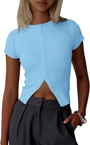 Imily Bela Womens Short Sleeve Sweater Tops Summer Button Down Casual Ribbed Knit Slim Fit Cropped Cardigan Shirts in Saudi Arabia