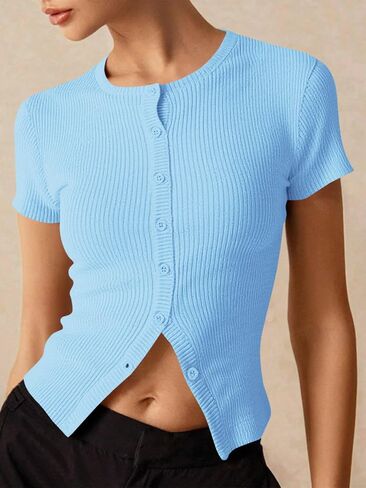 Imily Bela Womens Short Sleeve Sweater Tops Summer Button Down Casual Ribbed Knit Slim Fit Cropped Cardigan Shirts in Saudi Arabia