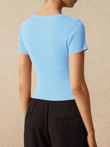 Imily Bela Womens Short Sleeve Sweater Tops Summer Button Down Casual Ribbed Knit Slim Fit Cropped Cardigan Shirts in Saudi Arabia