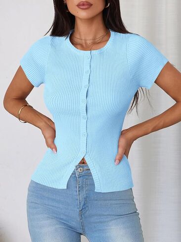 Imily Bela Womens Short Sleeve Sweater Tops Summer Button Down Casual Ribbed Knit Slim Fit Cropped Cardigan Shirts in Saudi Arabia