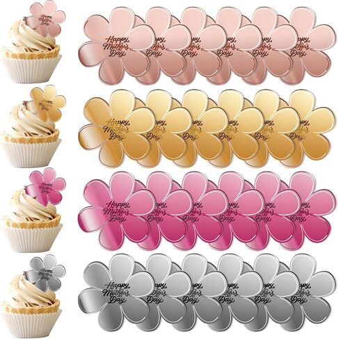 BEISHIDA 24pcs Happy Mother's Day Cupcake Topper Acrylic Cupcake Decoration Rosegold Silver Gold Hot Pink Discs Mirror Cupcake Decor I love You Mom Best Mom Mother's Day Party Supplies in Kuwait