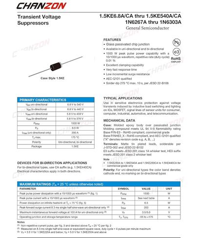 (حزمة من 20 قطعة) ثنائيات شانزون TVS 1.5KE440CA 1500W 440V DO-201AD (DO-27) قناة ثنائية الاتجاه 1500 وات 440 فولت in Kuwait