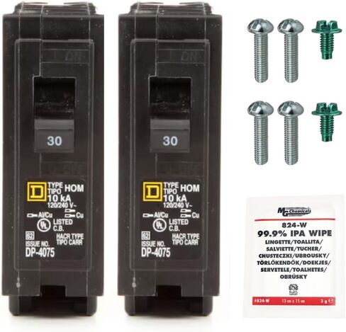 حزمة مجموعة Circuit Breaker Kit Genuine Square D HOM130 (2 حزمة) ، 30 أمبير (30 أ) قطب واحد ، 120 فولت ، 10KAIC ، مدرج في القائمة ، مكون من مراكز التحميل الرئيسية ومربع اللوحة ، استبدال جديد in Kuwait