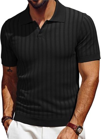 Les umes Mens Collared Shirts Short Sleeve Knitted Casual Polo Shirt V Neck Ribbed Soft Tees in Kuwait