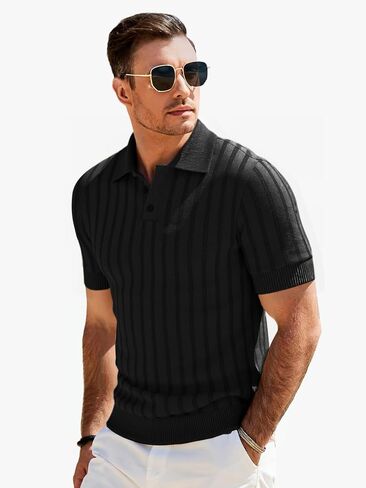 Les umes Mens Collared Shirts Short Sleeve Knitted Casual Polo Shirt V Neck Ribbed Soft Tees in Kuwait