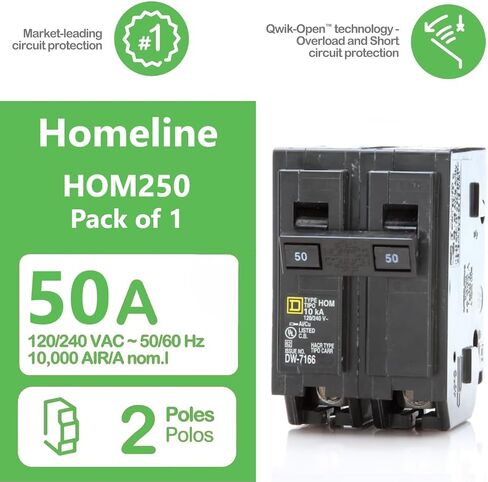Square D HOM250 50 AMP (50a) Pole Double Pole (2 عمود) قاطع دائرة هوم خط الشلية ، 120/240V AC ، 10KAIC ، مكونات مكونة لمراكز تحميل هوم خط ، قاطع استبدال جديد-حزمة 1 in Kuwait