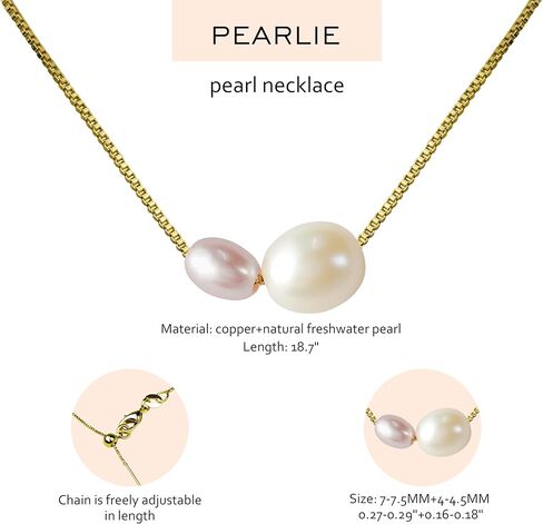 PEARLIE Pearl Necklace Pendant for Women, Double Pearls Adjustable Choker Necklace Handpicked Freshwater Cultured Pearl Gold Chain Necklace Wedding Jewelry in Saudi Arabia