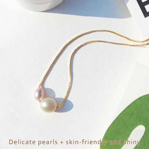 PEARLIE Pearl Necklace Pendant for Women, Double Pearls Adjustable Choker Necklace Handpicked Freshwater Cultured Pearl Gold Chain Necklace Wedding Jewelry in Saudi Arabia
