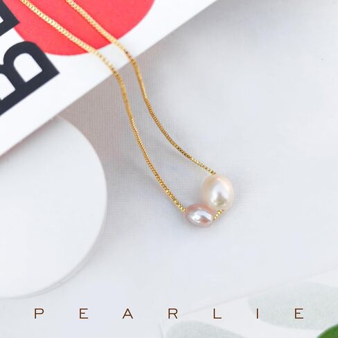 PEARLIE Pearl Necklace Pendant for Women, Double Pearls Adjustable Choker Necklace Handpicked Freshwater Cultured Pearl Gold Chain Necklace Wedding Jewelry in Saudi Arabia