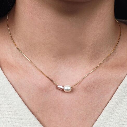 PEARLIE Pearl Necklace Pendant for Women, Double Pearls Adjustable Choker Necklace Handpicked Freshwater Cultured Pearl Gold Chain Necklace Wedding Jewelry in Saudi Arabia